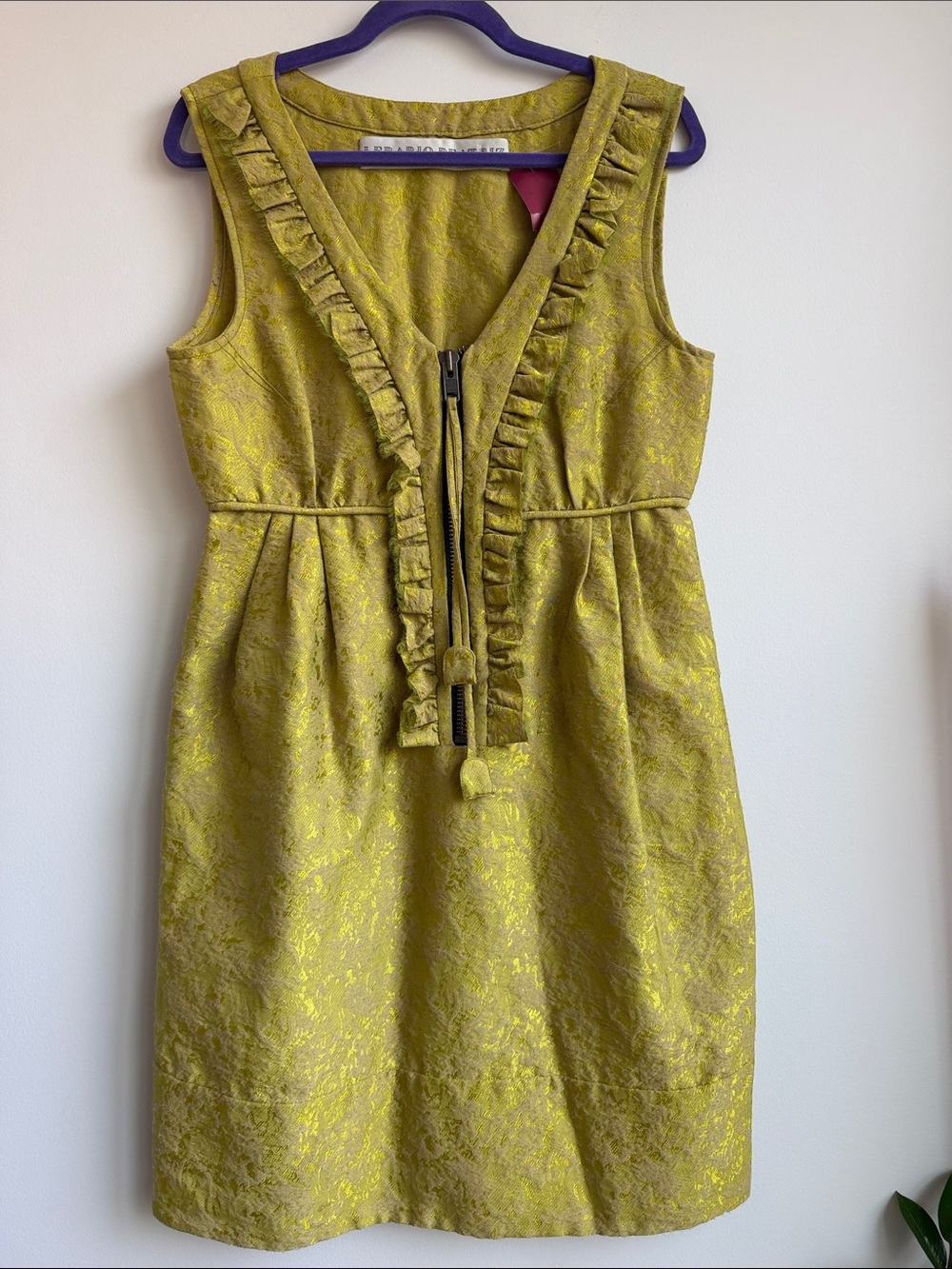 Yellow-Green Textured Ruffle Zip Front Dress